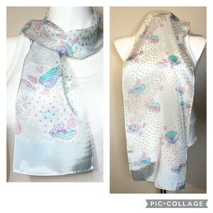 Echo Vintage Silk Scarf Clams Crustaceancore Grandmacore White Blue 11” x 46”